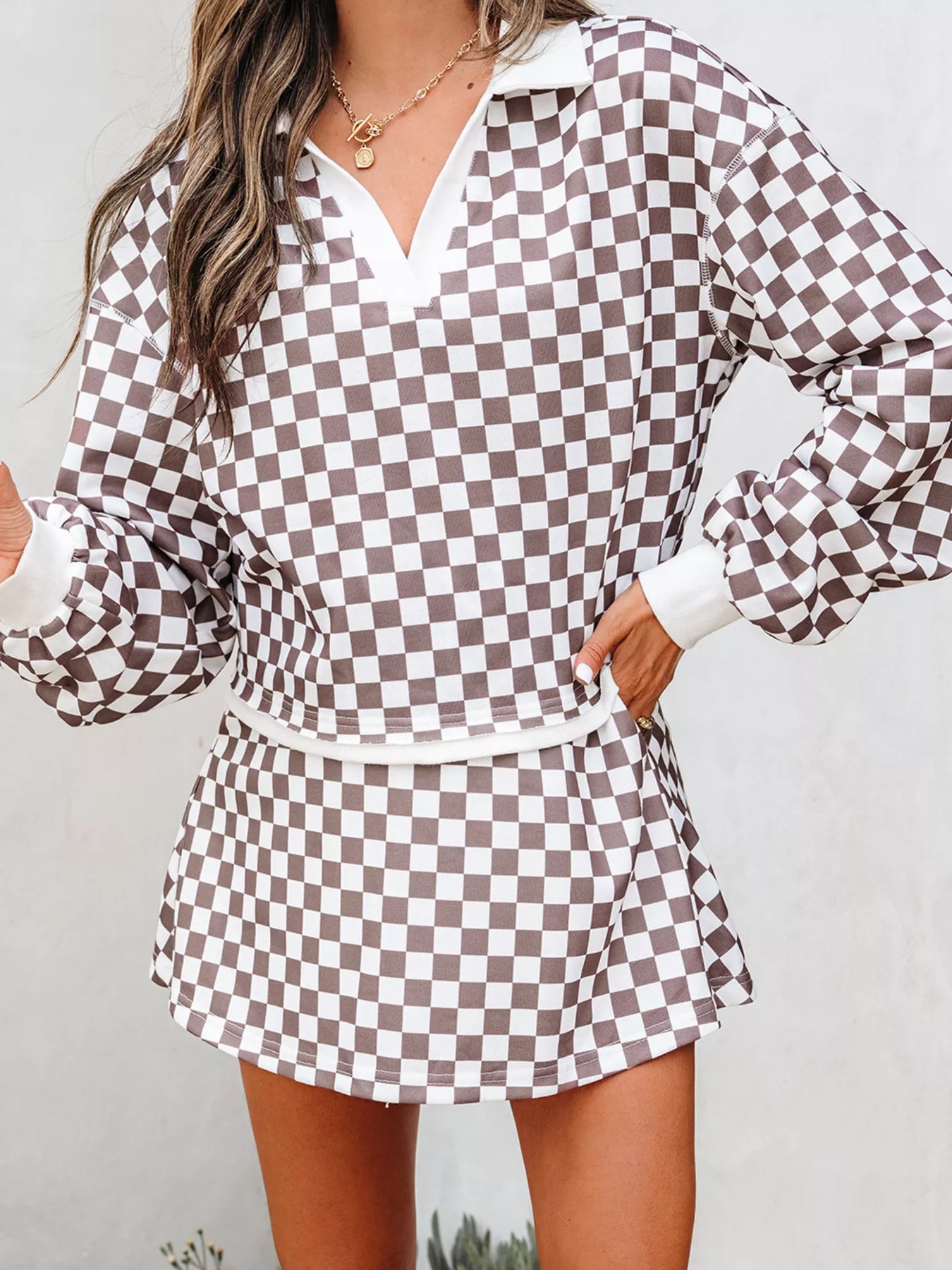 Checkered Print Polo Collar Cropped Long Sleeve Top and Drawstring Mini Skirt Set-2 Piece Outfit Sets-Krush Kandy, Women's Online Fashion Boutique Located in Phoenix, Arizona (Scottsdale Area)