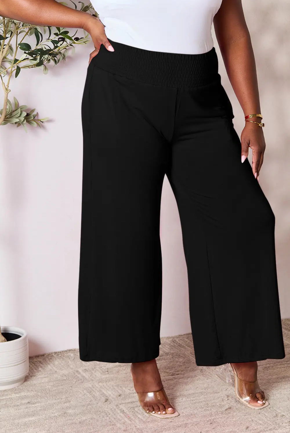 Full Size Smocked Wide Waistband Wide Leg Pants-Pants-Krush Kandy, Women's Online Fashion Boutique Located in Phoenix, Arizona (Scottsdale Area)