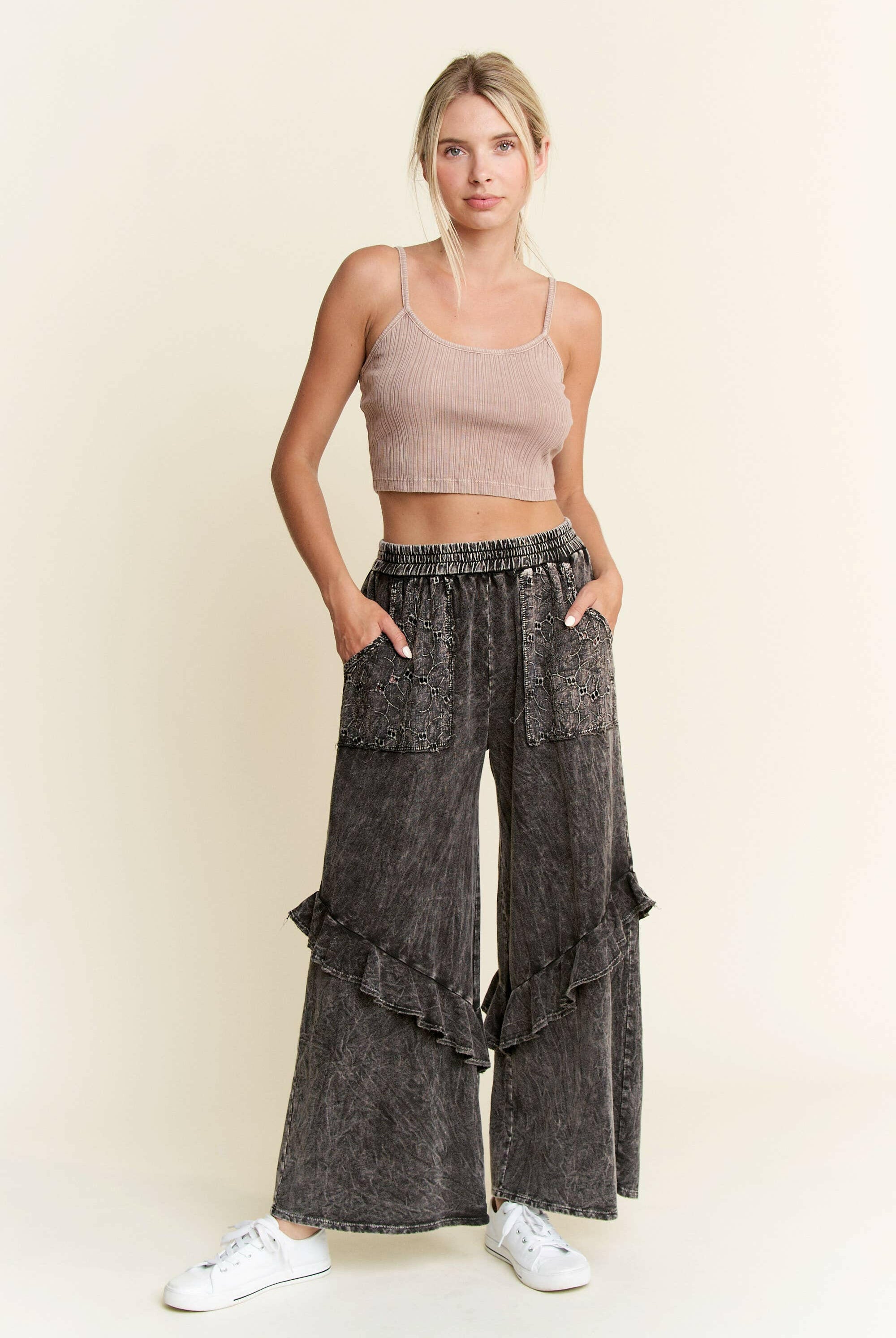 J.HER Mineral Wash Eyelet Pocket Ruffle Pants-Krush Kandy, Women's Online Fashion Boutique Located in Phoenix, Arizona (Scottsdale Area)