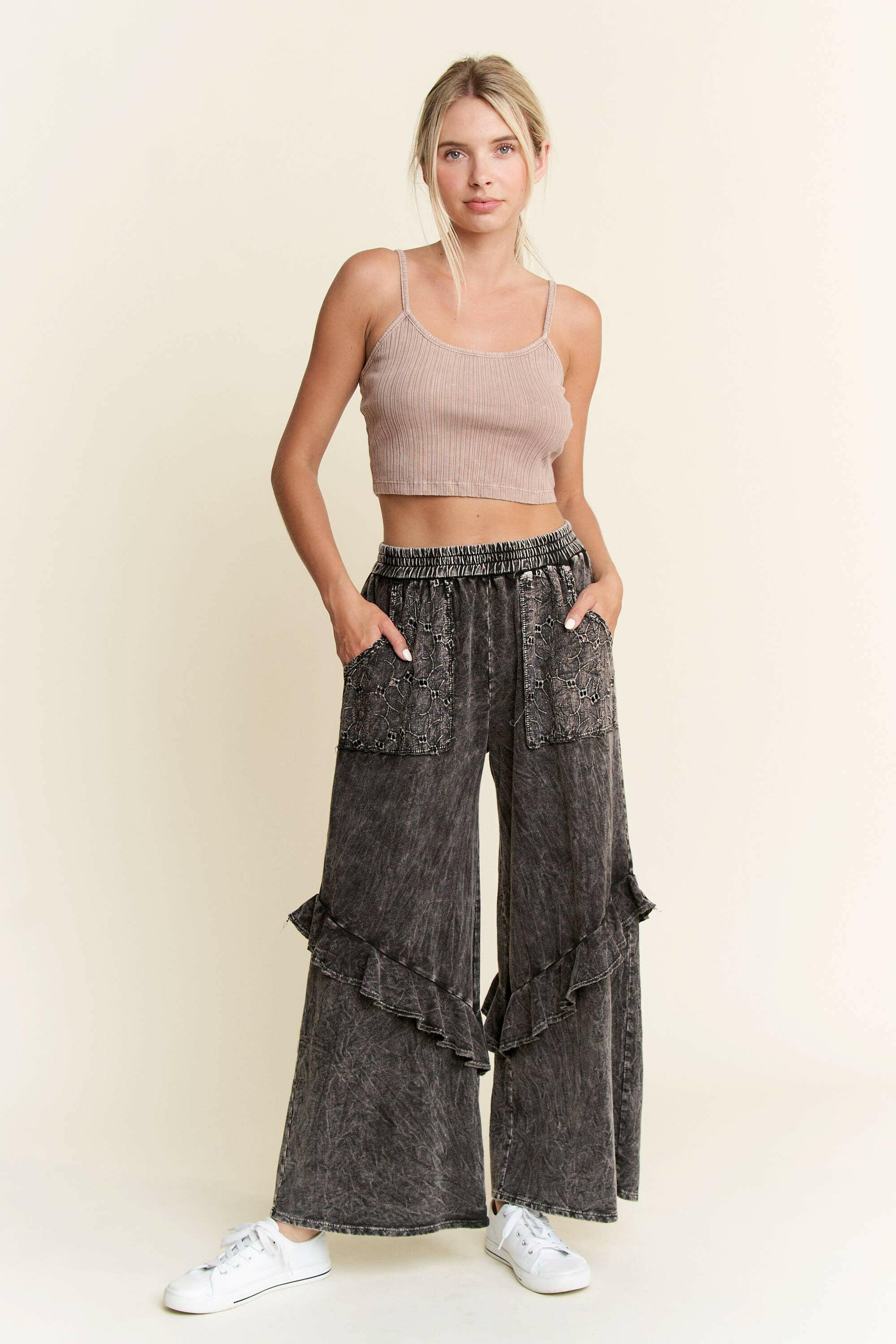 J.HER Mineral Wash Eyelet Pocket Ruffle Pants-Krush Kandy, Women's Online Fashion Boutique Located in Phoenix, Arizona (Scottsdale Area)