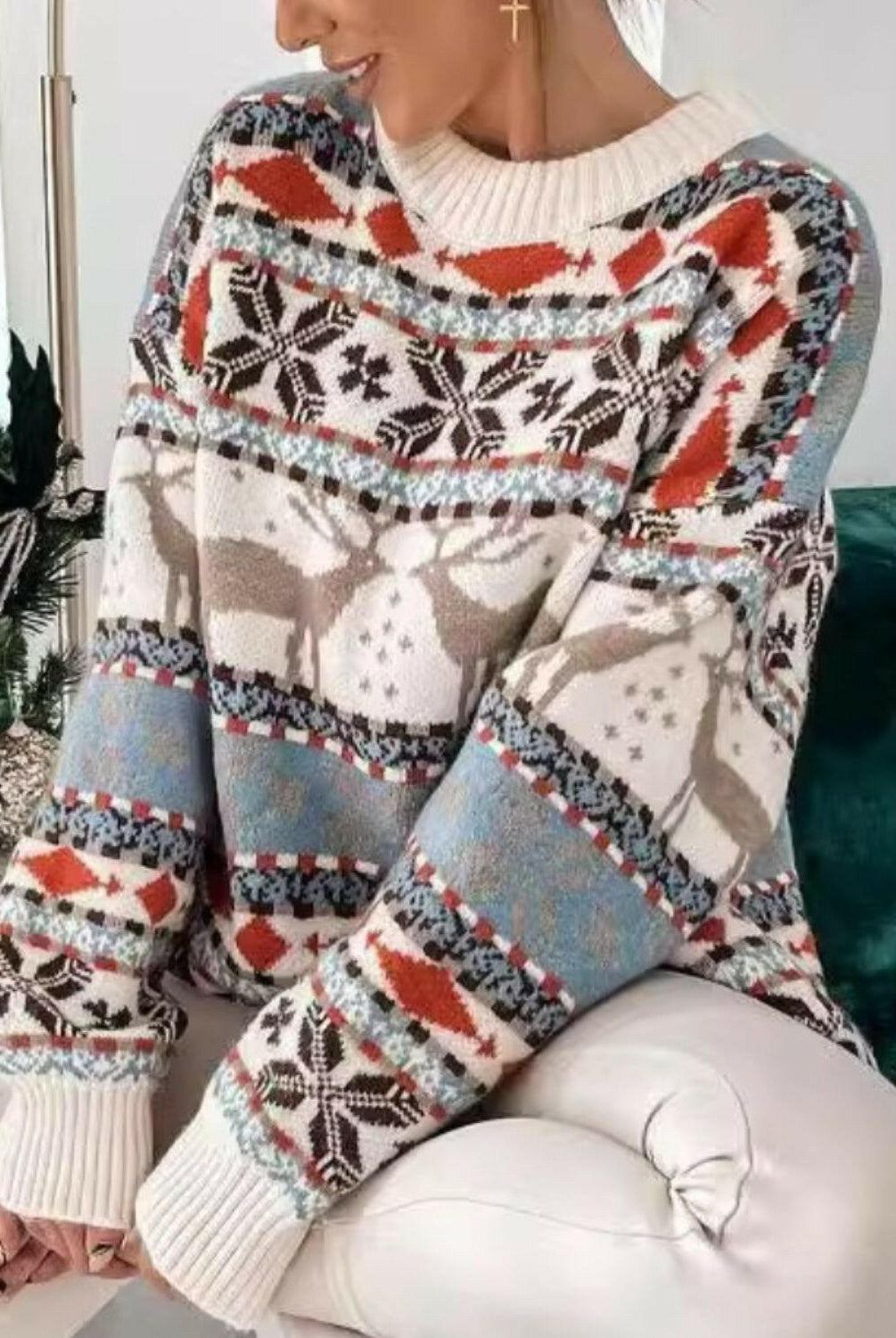 Geometric Round Neck Dropped Shoulder Sweater-Sweaters-Krush Kandy, Women's Online Fashion Boutique Located in Phoenix, Arizona (Scottsdale Area)