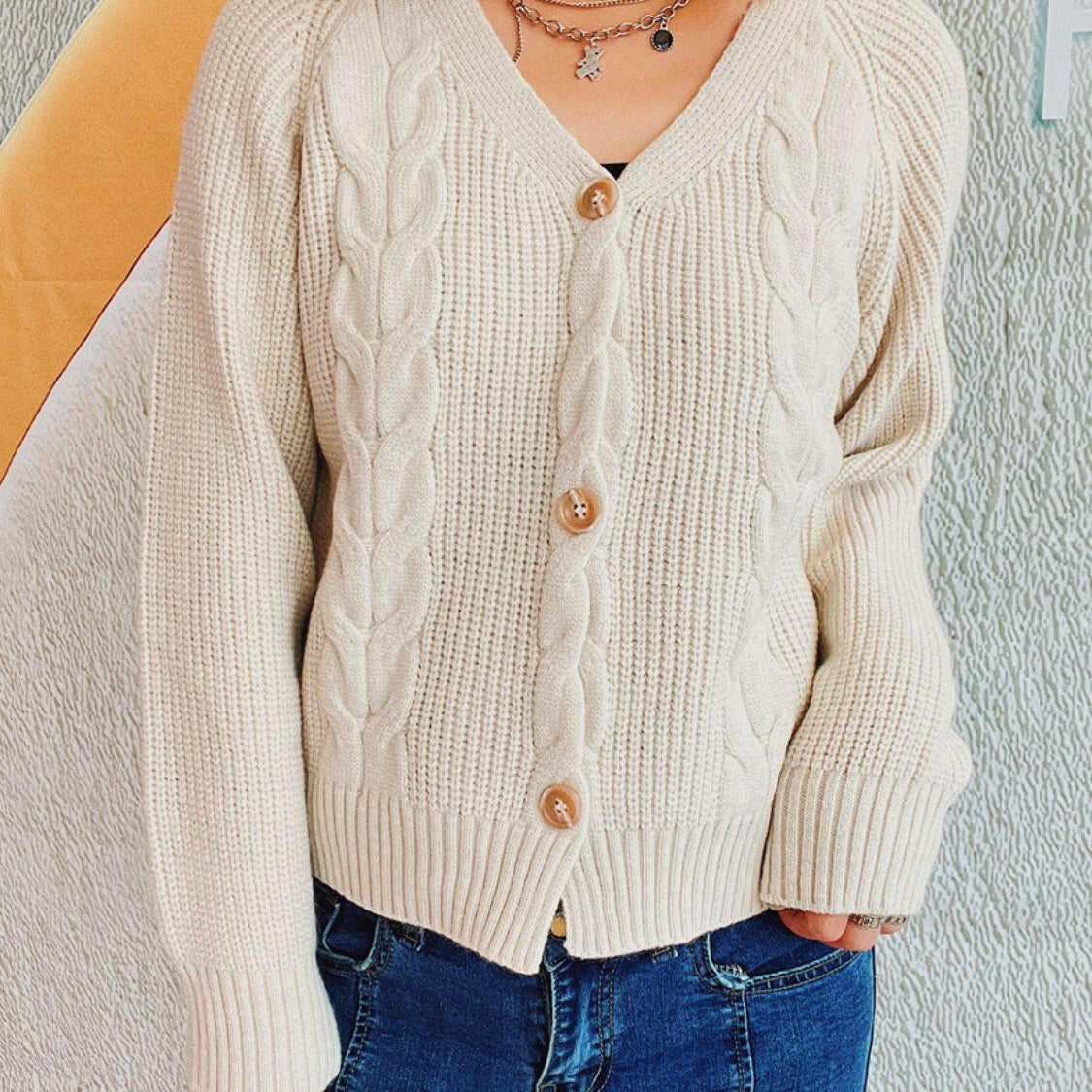 Cable-Knit V-Neck Button Down Long Sleeve Cardigan-Krush Kandy, Women's Online Fashion Boutique Located in Phoenix, Arizona (Scottsdale Area)