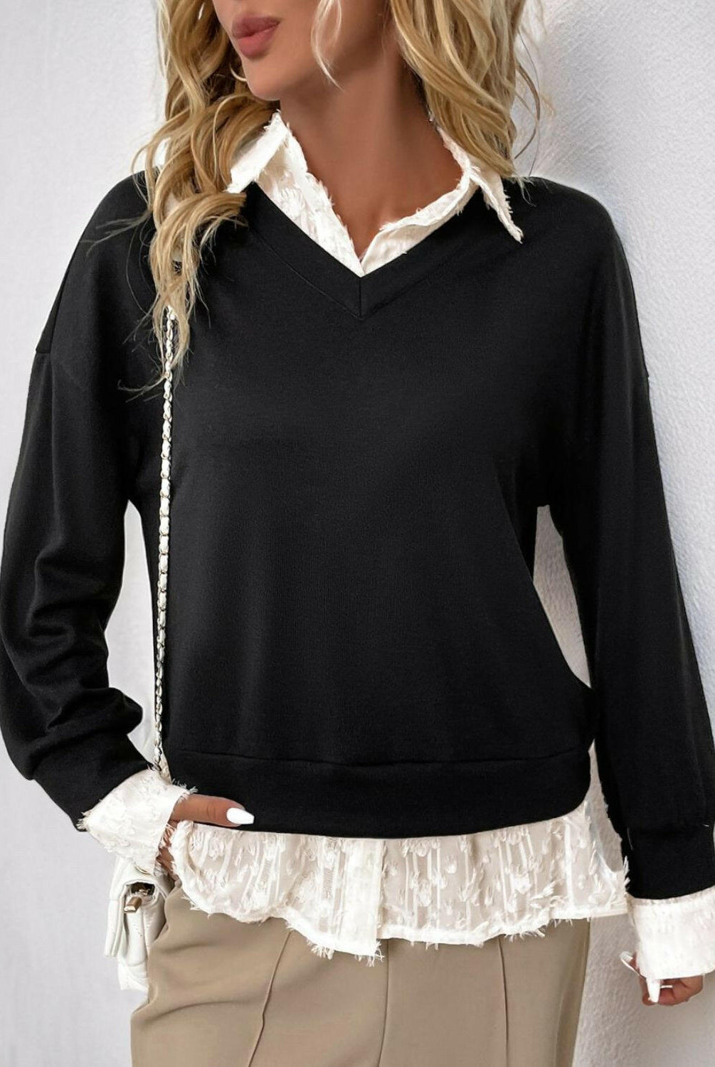 Perfee Faux Layered Contrast Long Sleeve Sweatshirt-Krush Kandy, Women's Online Fashion Boutique Located in Phoenix, Arizona (Scottsdale Area)
