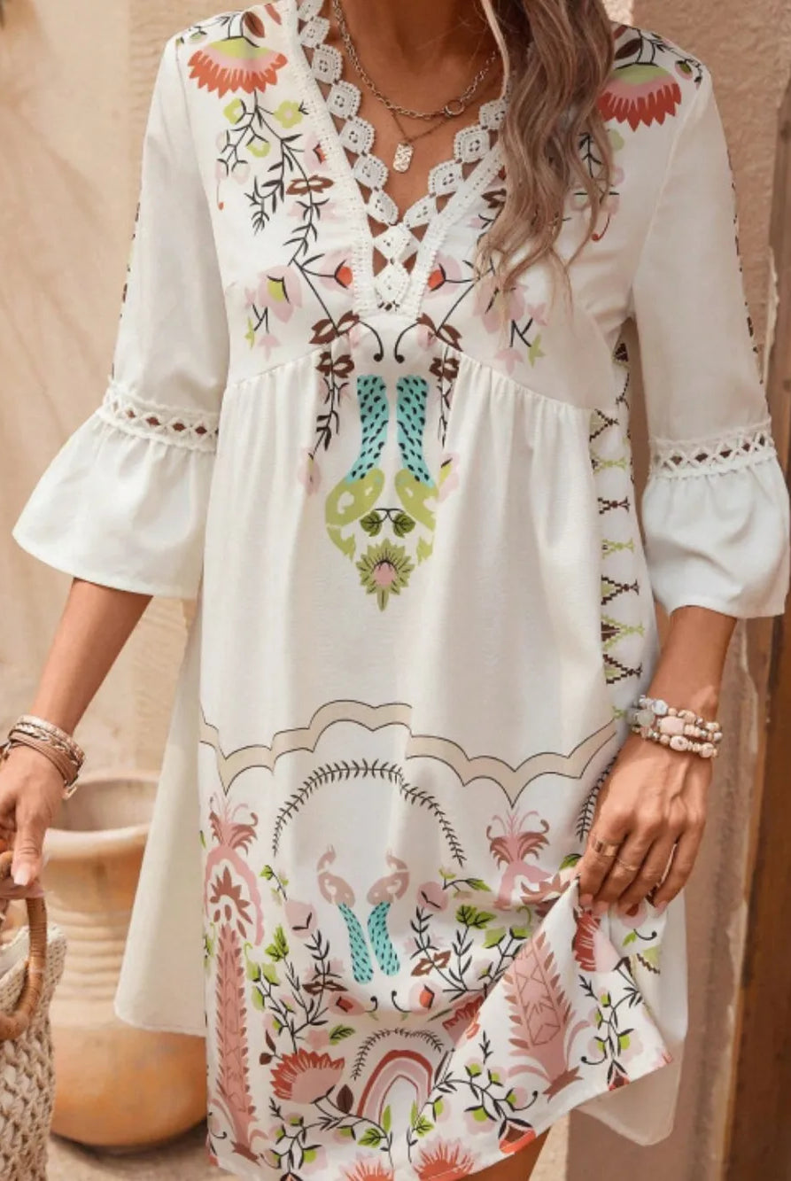 Lace Detail Printed Three-Quarter Sleeve Dress-Dresses-Krush Kandy, Women's Online Fashion Boutique Located in Phoenix, Arizona (Scottsdale Area)