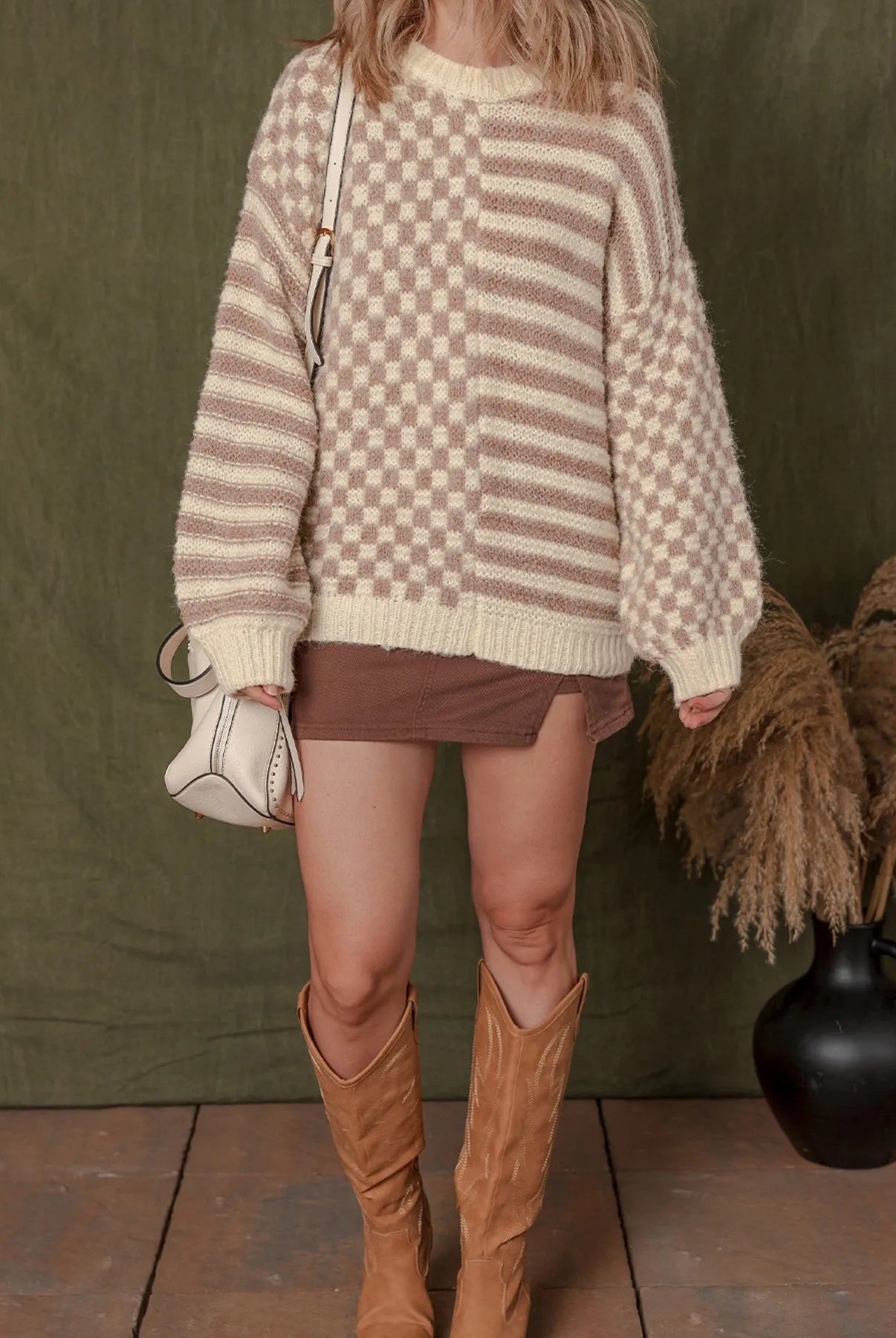 Stripe Checkerboard Drop Shoulder Balloon Sleeve Sweater-Sweaters-Krush Kandy, Women's Online Fashion Boutique Located in Phoenix, Arizona (Scottsdale Area)