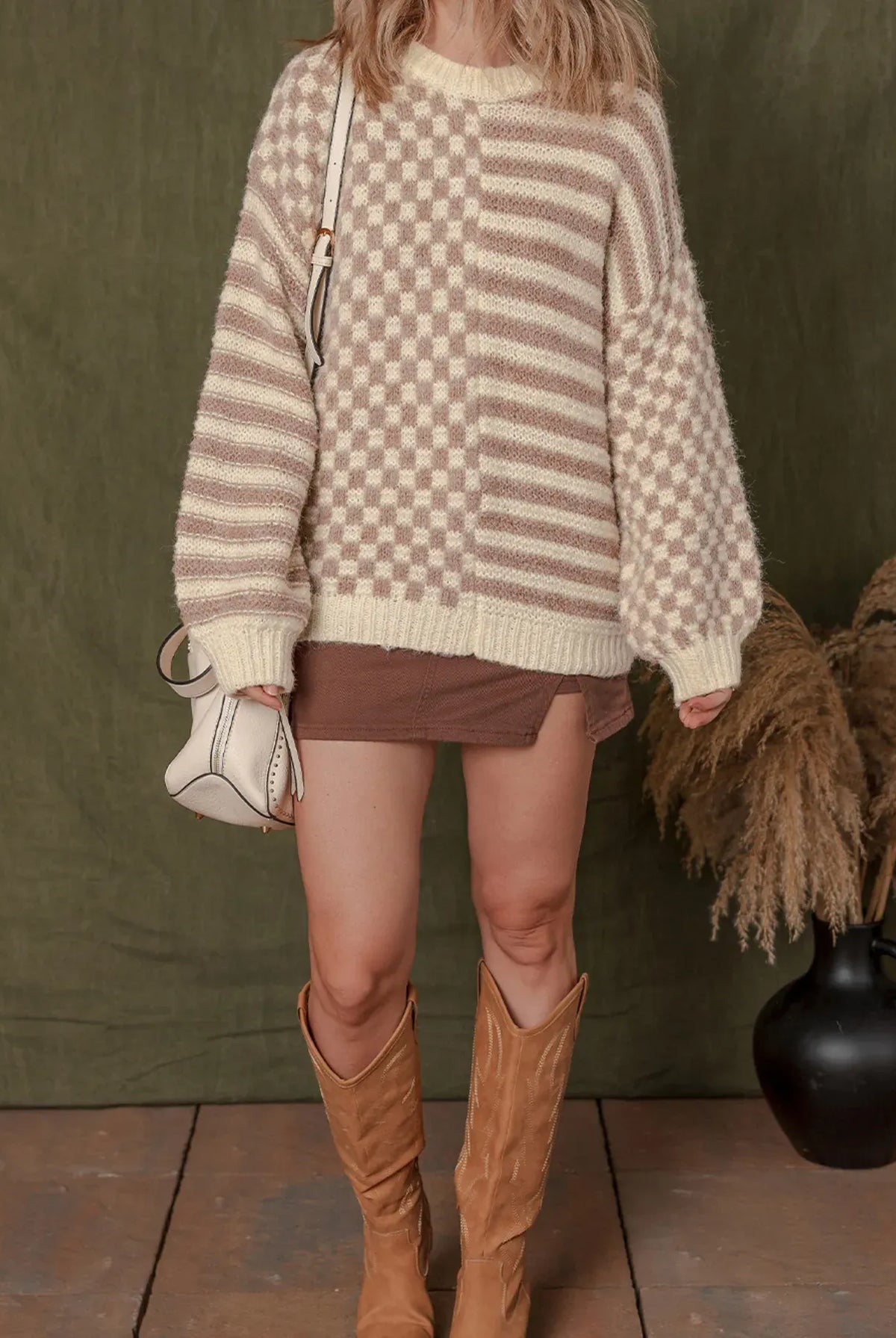 Stripe Checkerboard Drop Shoulder Balloon Sleeve Sweater-Sweaters-Krush Kandy, Women's Online Fashion Boutique Located in Phoenix, Arizona (Scottsdale Area)