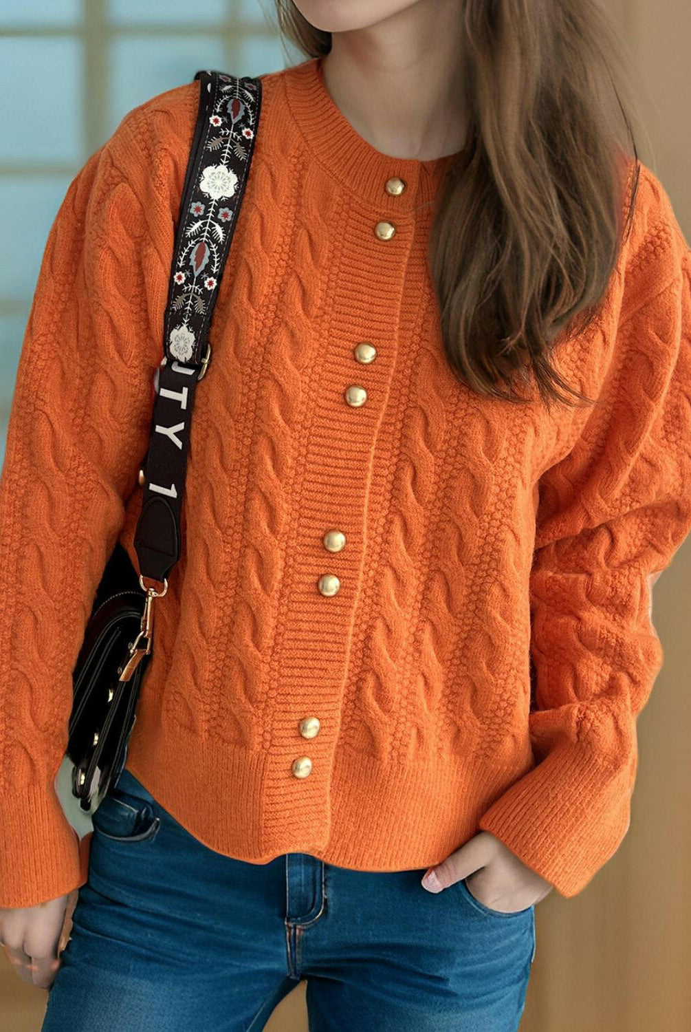 Cable-Knit Round Neck Long Sleeve Cardigan-Cardigans-Krush Kandy, Women's Online Fashion Boutique Located in Phoenix, Arizona (Scottsdale Area)