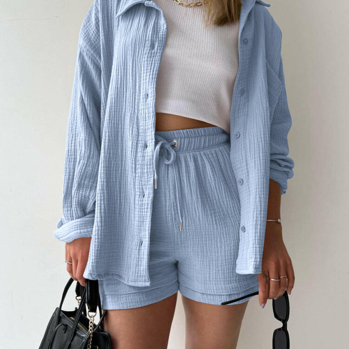 Kinsley Texture Button-Up Shirt and Drawstring Shorts Set-Krush Kandy, Women's Online Fashion Boutique Located in Phoenix, Arizona (Scottsdale Area)