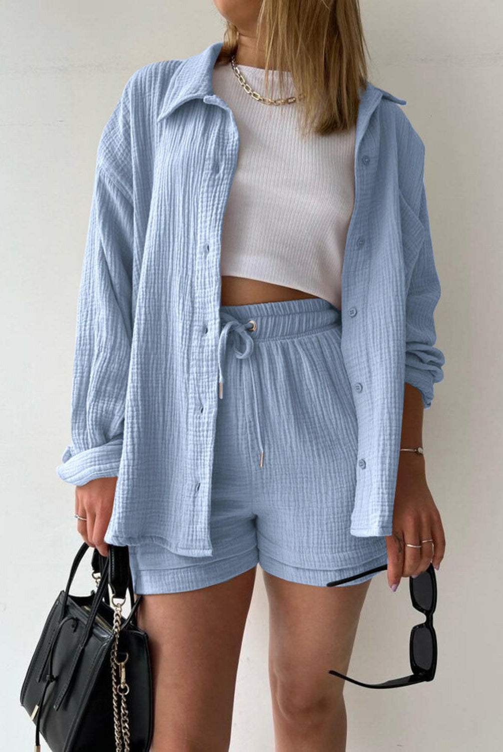 Kinsley Texture Button-Up Shirt and Drawstring Shorts Set-Krush Kandy, Women's Online Fashion Boutique Located in Phoenix, Arizona (Scottsdale Area)