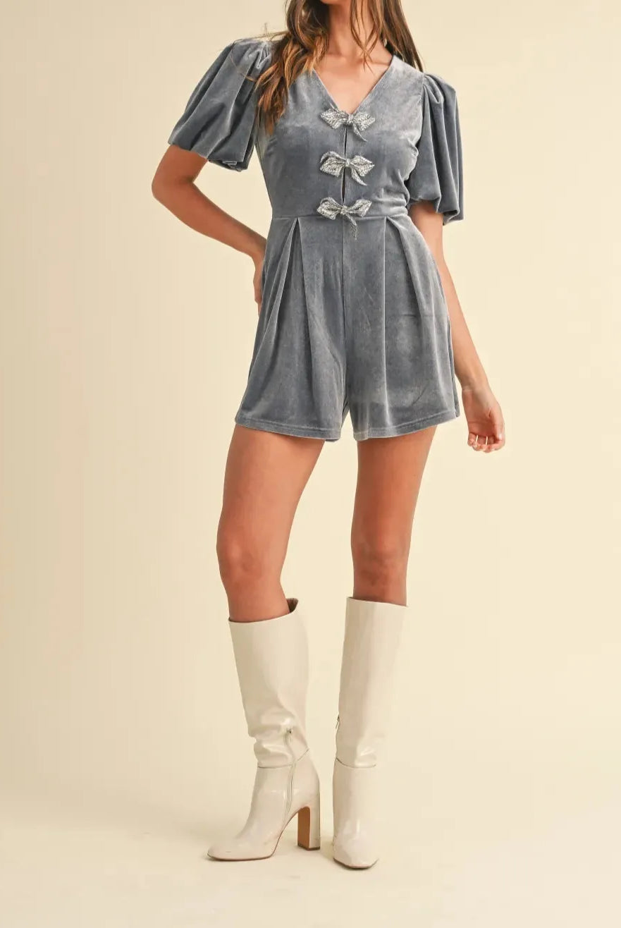 Mable Jewel Bow Decor Puff Sleeve Velvet Romper-Jumpsuits & Rompers-Krush Kandy, Women's Online Fashion Boutique Located in Phoenix, Arizona (Scottsdale Area)