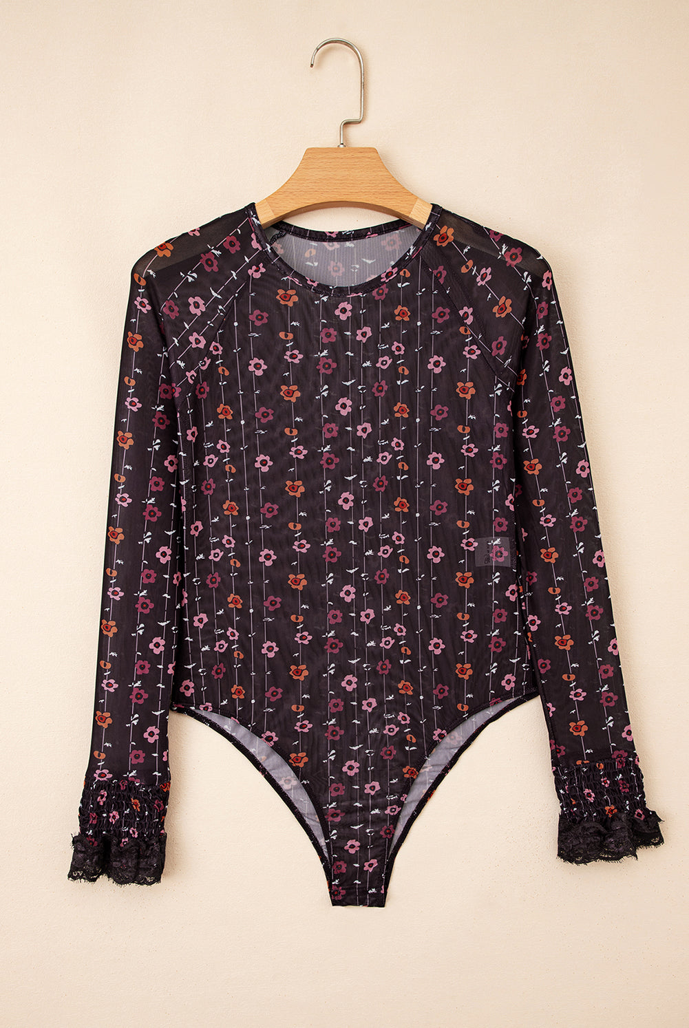 Black Mesh Floral Lace Cuff Bodysuit-Long Sleeve Tops-Krush Kandy, Women's Online Fashion Boutique Located in Phoenix, Arizona (Scottsdale Area)