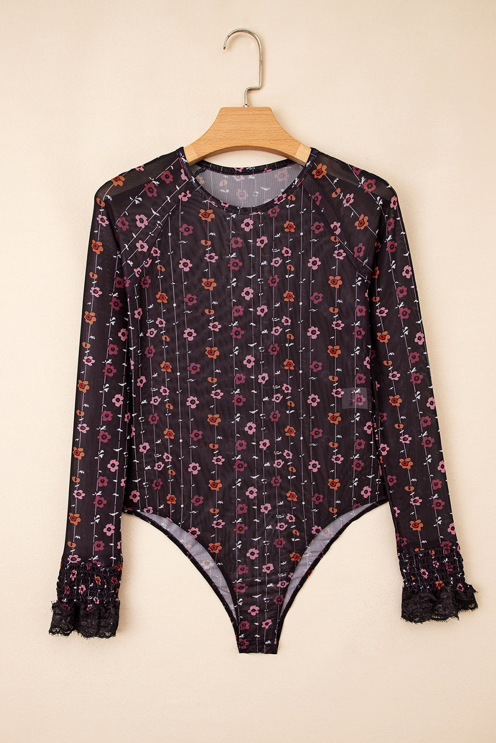 Black Mesh Floral Lace Cuff Bodysuit-Long Sleeve Tops-Krush Kandy, Women's Online Fashion Boutique Located in Phoenix, Arizona (Scottsdale Area)