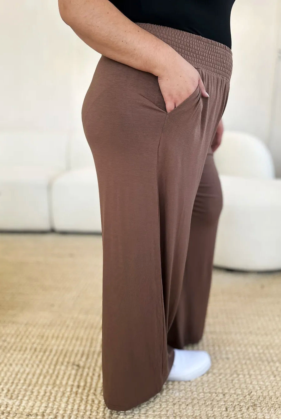 Full Size Smocked Wide Waistband Wide Leg Pants-Pants-Krush Kandy, Women's Online Fashion Boutique Located in Phoenix, Arizona (Scottsdale Area)