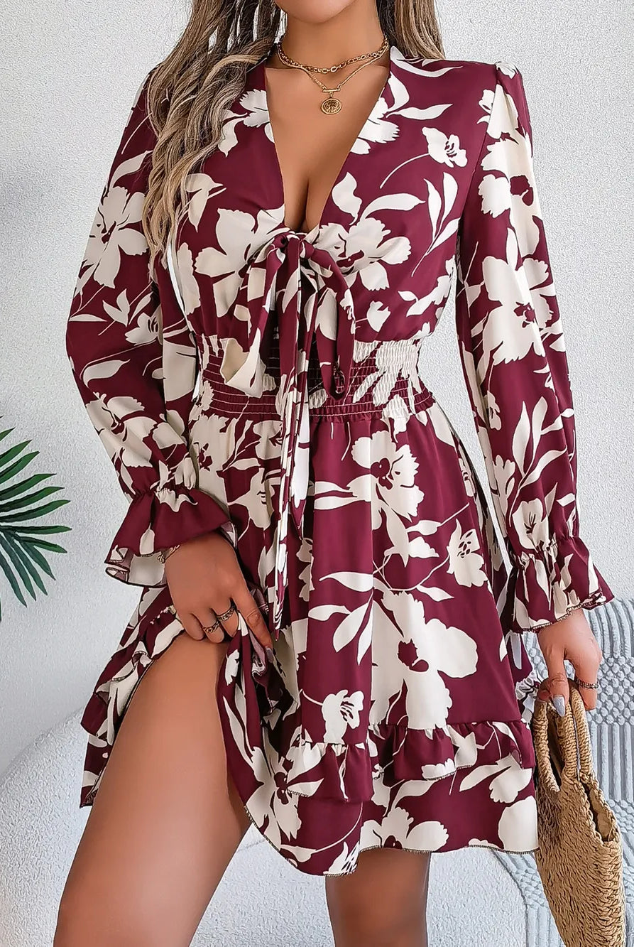 Tied Ruffled Printed Long Sleeve Dress-Krush Kandy, Women's Online Fashion Boutique Located in Phoenix, Arizona (Scottsdale Area)