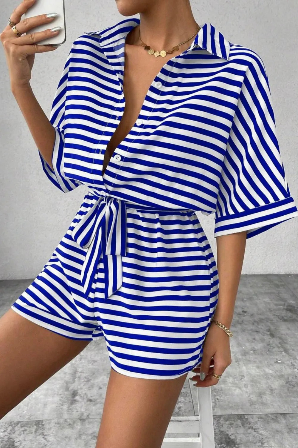 Striped Collared Neck Tie Waist Romper-Krush Kandy, Women's Online Fashion Boutique Located in Phoenix, Arizona (Scottsdale Area)
