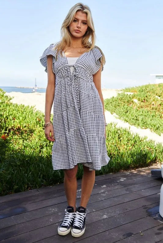 Davi & Dani Jacquard V-Neck Flutter Cap Sleeve Tiered Dress-Dresses-Krush Kandy, Women's Online Fashion Boutique Located in Phoenix, Arizona (Scottsdale Area)