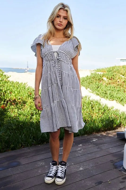 Davi & Dani Jacquard V-Neck Flutter Cap Sleeve Tiered Dress-Dresses-Krush Kandy, Women's Online Fashion Boutique Located in Phoenix, Arizona (Scottsdale Area)