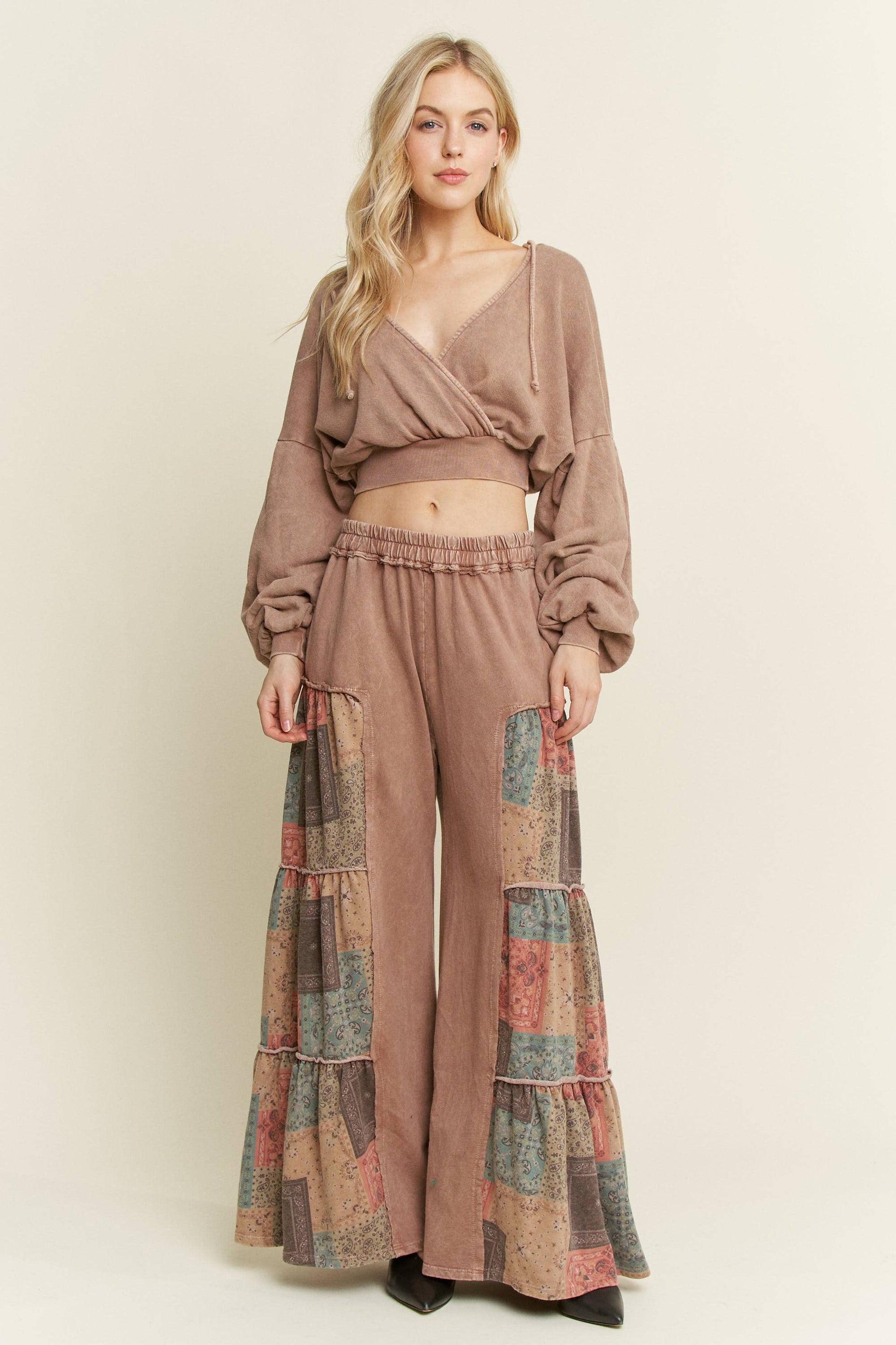 J.HER Mineral Washed Boho Patch Tiered Wide Pants-Pants-Krush Kandy, Women's Online Fashion Boutique Located in Phoenix, Arizona (Scottsdale Area)