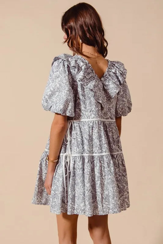SO ME Cotton Printed Ruffle V Neckline Dress with Side Tie-Dresses-Krush Kandy, Women's Online Fashion Boutique Located in Phoenix, Arizona (Scottsdale Area)