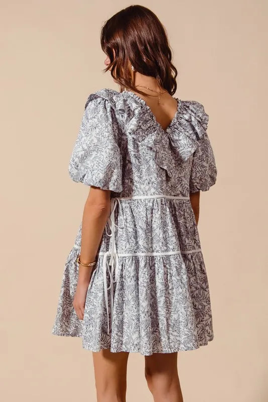 SO ME Cotton Printed Ruffle V Neckline Dress with Side Tie-Dresses-Krush Kandy, Women's Online Fashion Boutique Located in Phoenix, Arizona (Scottsdale Area)