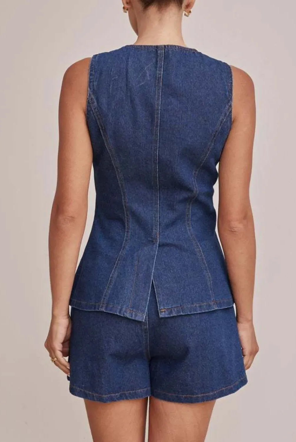 Button Down Vest and Shorts Denim Set-2 Piece Outfit Sets-Krush Kandy, Women's Online Fashion Boutique Located in Phoenix, Arizona (Scottsdale Area)