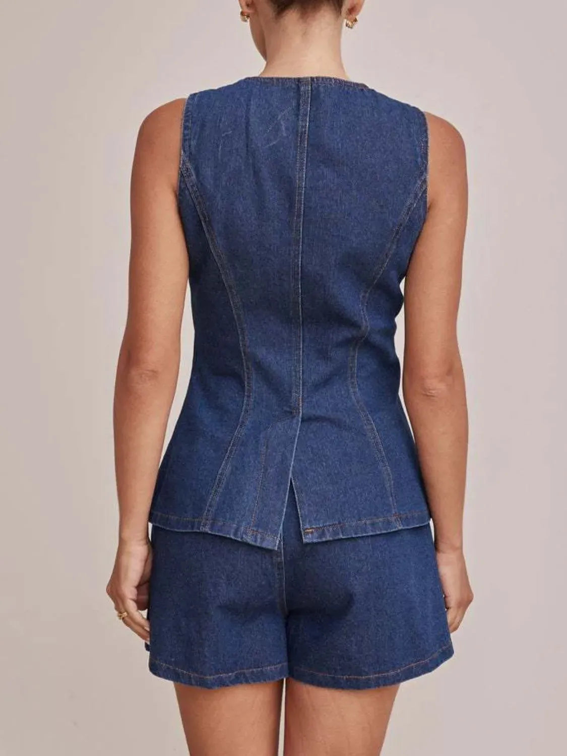 Button Down Vest and Shorts Denim Set-2 Piece Outfit Sets-Krush Kandy, Women's Online Fashion Boutique Located in Phoenix, Arizona (Scottsdale Area)
