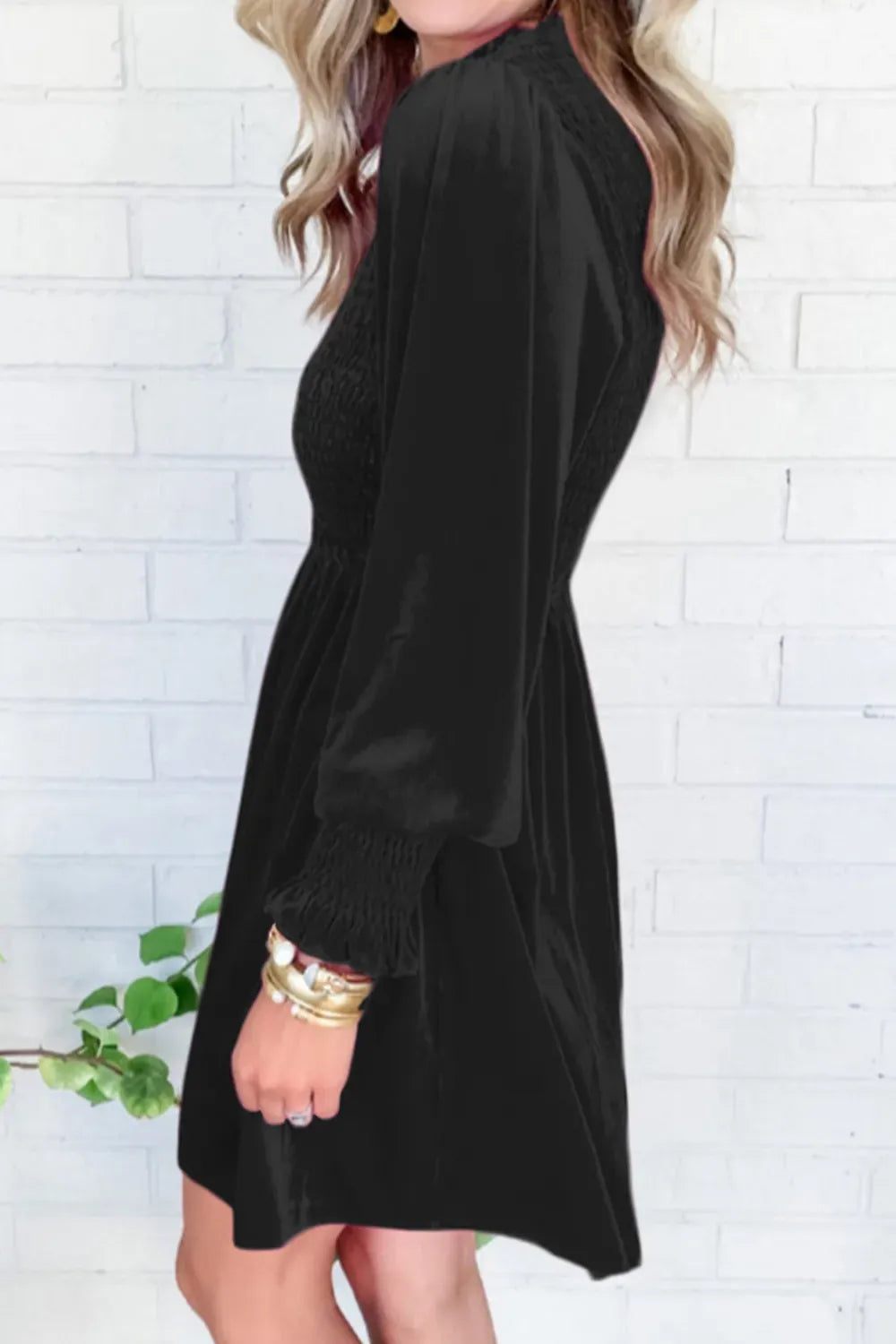 Smocked Round Neck Long Sleeve Dress-Dresses-Krush Kandy, Women's Online Fashion Boutique Located in Phoenix, Arizona (Scottsdale Area)