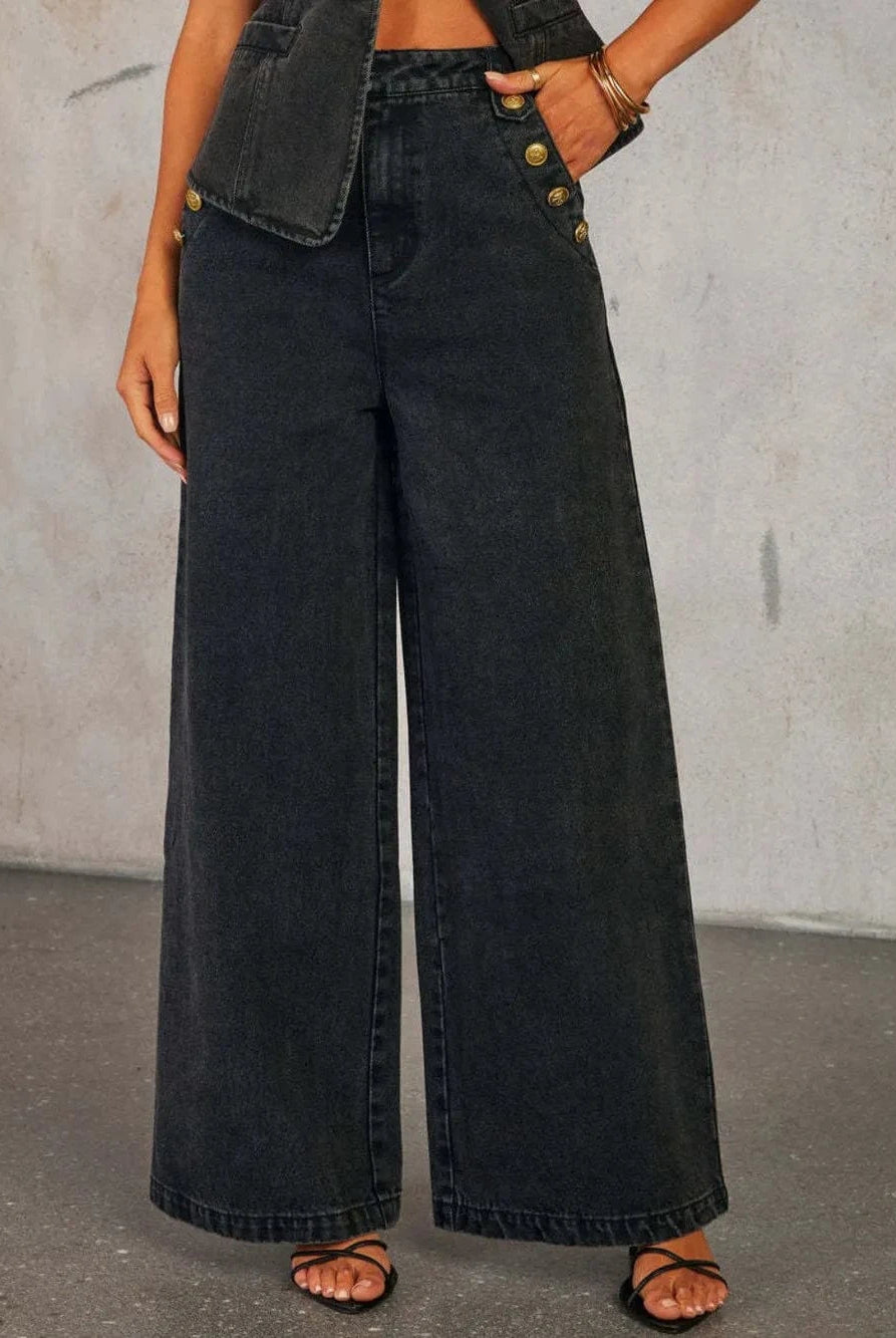 Button Decor High Rise Wide Leg Jeans-Krush Kandy, Women's Online Fashion Boutique Located in Phoenix, Arizona (Scottsdale Area)