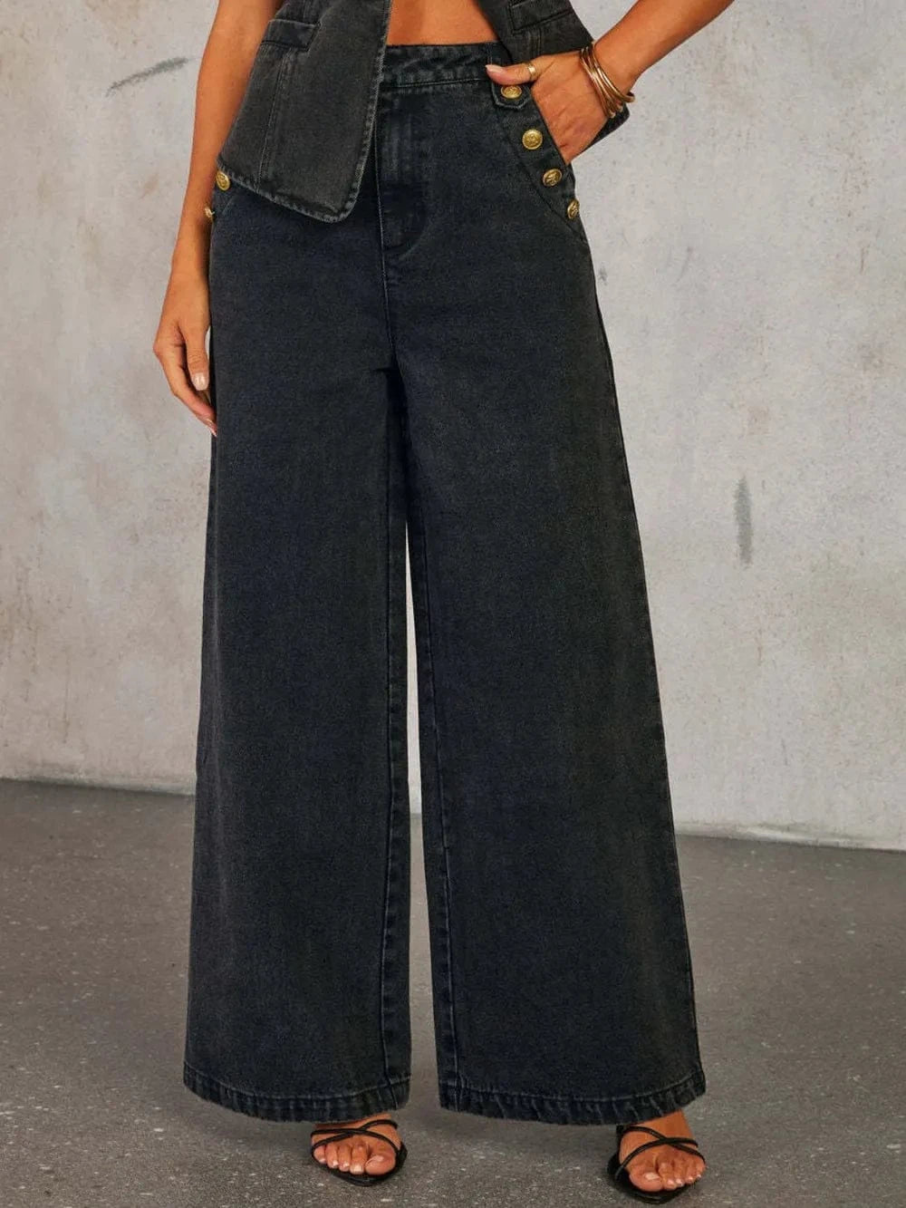Button Decor High Rise Wide Leg Jeans-Krush Kandy, Women's Online Fashion Boutique Located in Phoenix, Arizona (Scottsdale Area)