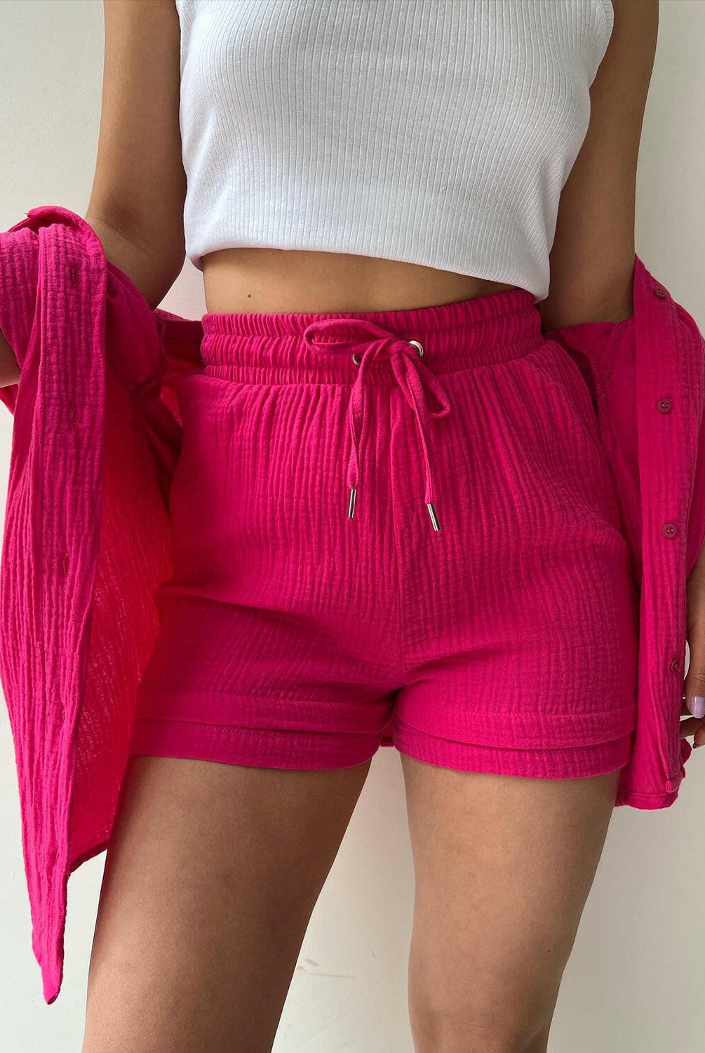 Kinsley Texture Button-Up Shirt and Drawstring Shorts Set-Krush Kandy, Women's Online Fashion Boutique Located in Phoenix, Arizona (Scottsdale Area)