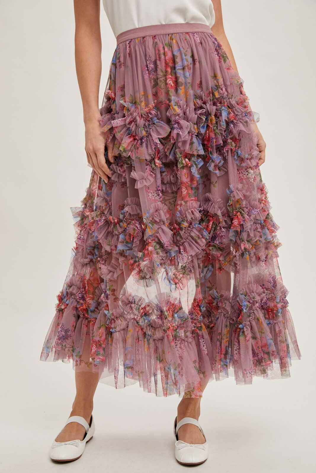 Floral Ruffled Mesh Midi Skirt-Skirts-Krush Kandy, Women's Online Fashion Boutique Located in Phoenix, Arizona (Scottsdale Area)