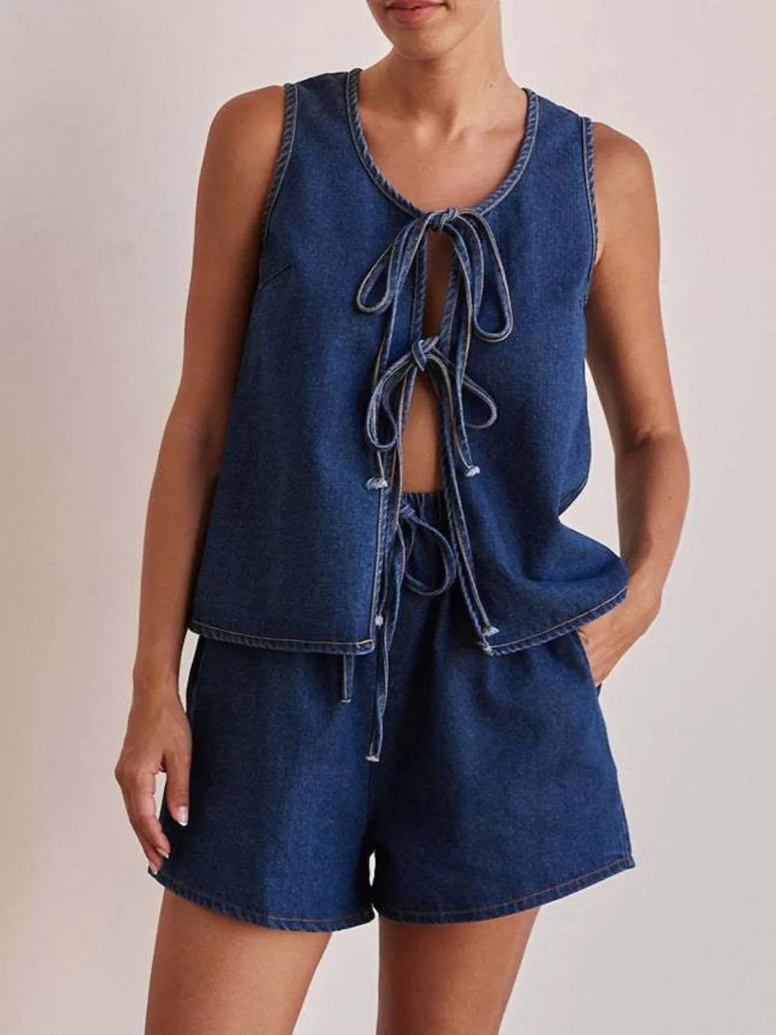 Denim Tie-Front Two-Piece Set-Tops-Krush Kandy, Women's Online Fashion Boutique Located in Phoenix, Arizona (Scottsdale Area)