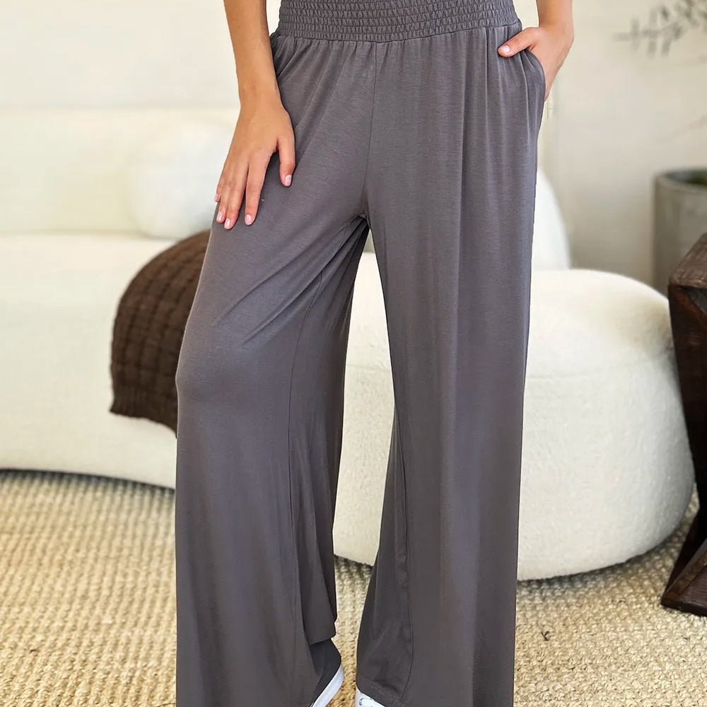 Full Size Smocked Wide Waistband Wide Leg Pants-Pants-Krush Kandy, Women's Online Fashion Boutique Located in Phoenix, Arizona (Scottsdale Area)