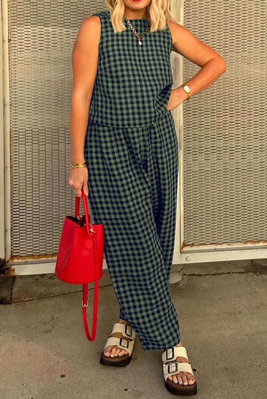 Lovelet Plaid Round Neck Sleeveless Top and Pants Set-2 Piece Outfit Sets-Krush Kandy, Women's Online Fashion Boutique Located in Phoenix, Arizona (Scottsdale Area)