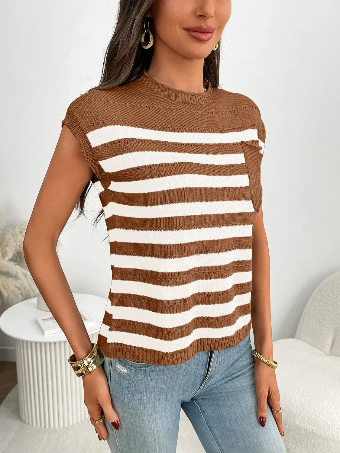 Striped Mock Neck Cap Sleeve Knit Top-Tops-Krush Kandy, Women's Online Fashion Boutique Located in Phoenix, Arizona (Scottsdale Area)
