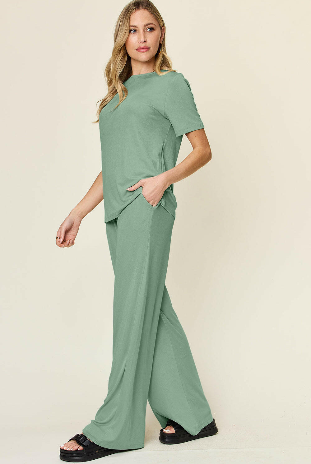 Double Take Full Size Round Neck Short Sleeve T-Shirt and Wide Leg Pants Set-Krush Kandy, Women's Online Fashion Boutique Located in Phoenix, Arizona (Scottsdale Area)