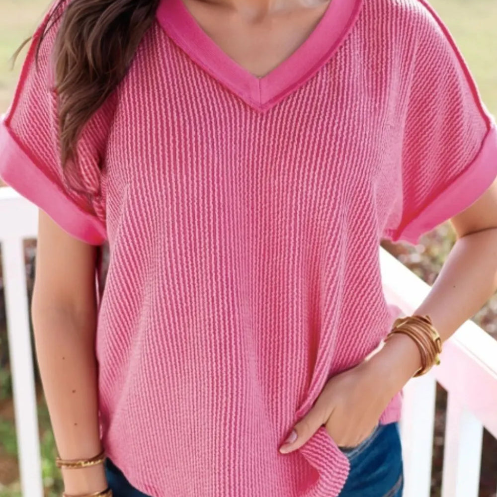 Solid V-Neck Short Sleeve T-Shirt-Tops-Krush Kandy, Women's Online Fashion Boutique Located in Phoenix, Arizona (Scottsdale Area)