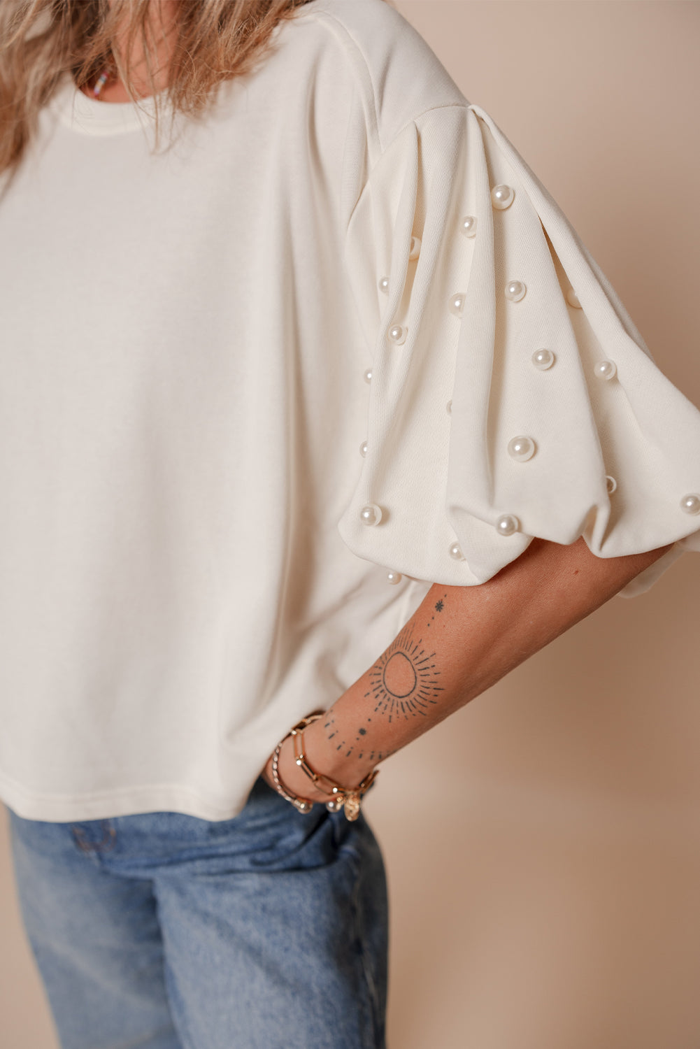 Pearl-Detail Puff Sleeve Top-Tops-Krush Kandy, Women's Online Fashion Boutique Located in Phoenix, Arizona (Scottsdale Area)