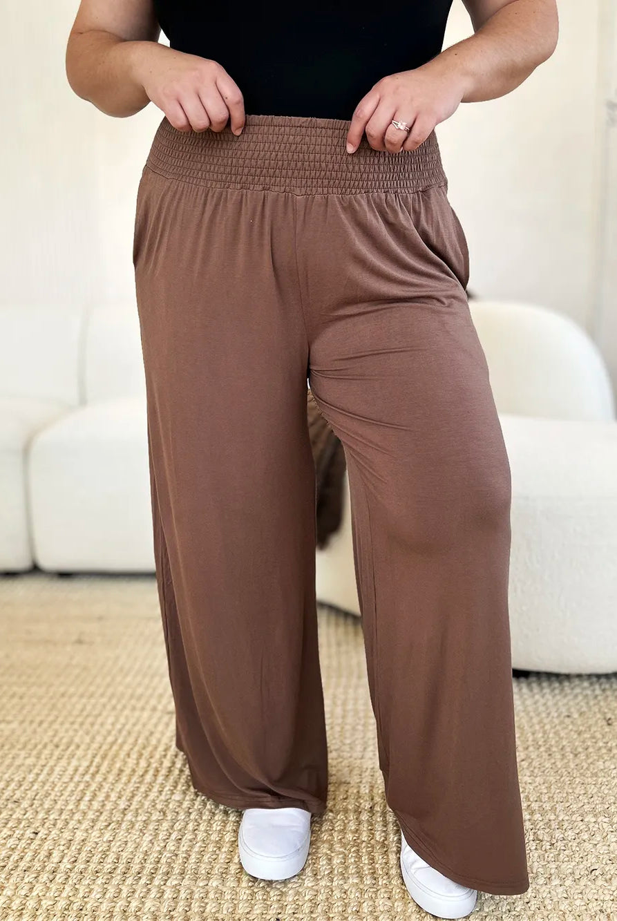 Full Size Smocked Wide Waistband Wide Leg Pants-Pants-Krush Kandy, Women's Online Fashion Boutique Located in Phoenix, Arizona (Scottsdale Area)