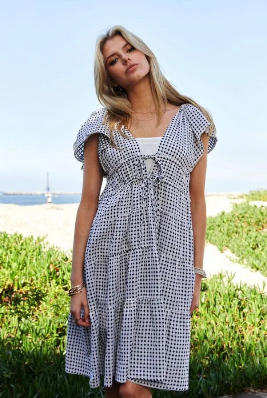 Davi & Dani Jacquard V-Neck Flutter Cap Sleeve Tiered Dress-Dresses-Krush Kandy, Women's Online Fashion Boutique Located in Phoenix, Arizona (Scottsdale Area)