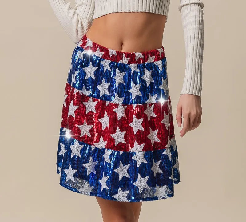 BiBi American Flag Theme Star Sequin Tiered Skirt-Skirts-Krush Kandy, Women's Online Fashion Boutique Located in Phoenix, Arizona (Scottsdale Area)
