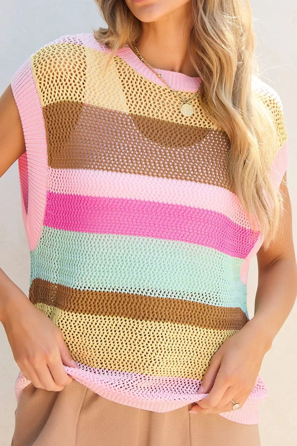 Openwork Round Neck Striped Knit Cover Up-Tops-Krush Kandy, Women's Online Fashion Boutique Located in Phoenix, Arizona (Scottsdale Area)