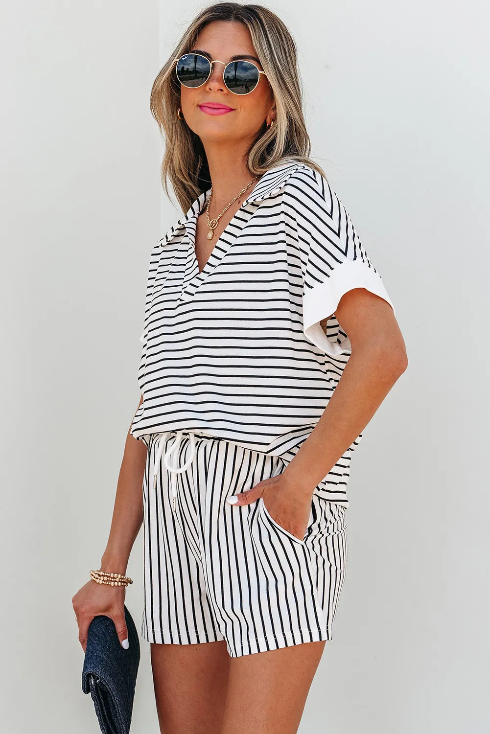 Striped V-Neck Polo Top & Shorts Set-2 Piece Outfit Sets-Krush Kandy, Women's Online Fashion Boutique Located in Phoenix, Arizona (Scottsdale Area)