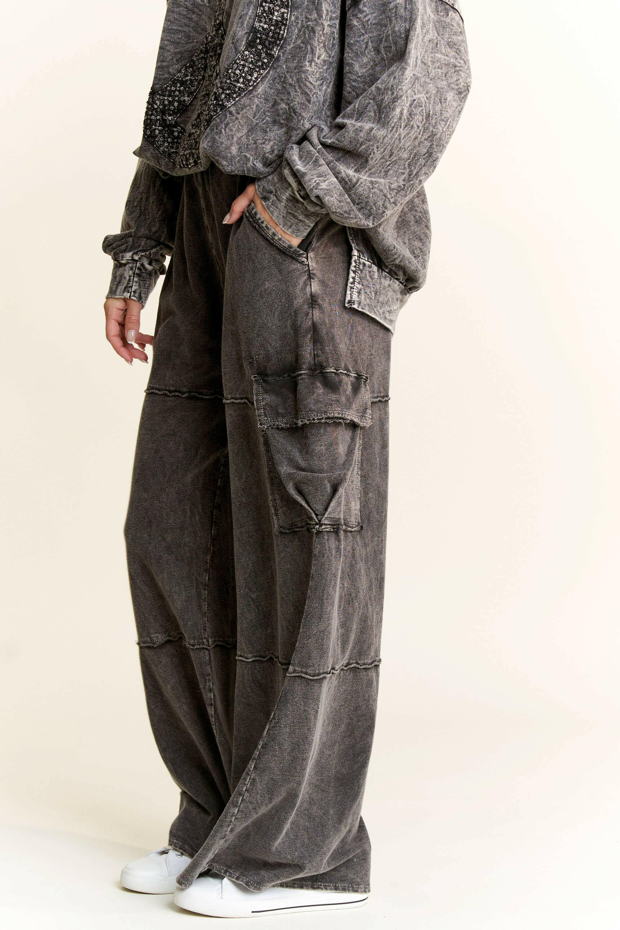 Mineral Wash Wide leg pants with Cargo Pockets-Bottoms-Krush Kandy, Women's Online Fashion Boutique Located in Phoenix, Arizona (Scottsdale Area)
