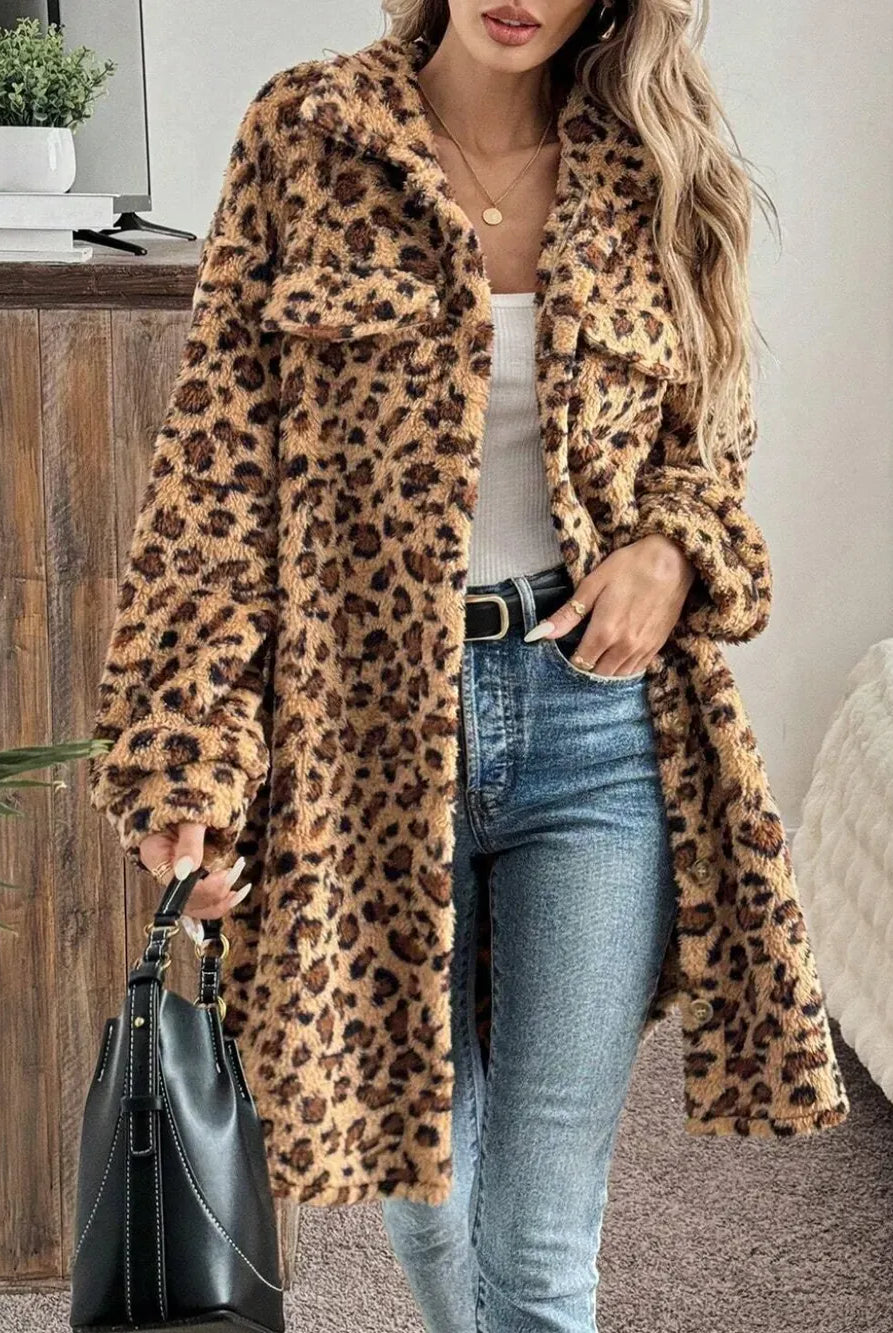 Leopard Button Up Long Sleeve Fuzzy Coat-Jacket-Krush Kandy, Women's Online Fashion Boutique Located in Phoenix, Arizona (Scottsdale Area)