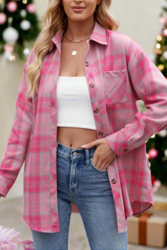Mandy Pocketed Plaid Collared Neck Long Sleeve Shirt-Krush Kandy, Women's Online Fashion Boutique Located in Phoenix, Arizona (Scottsdale Area)