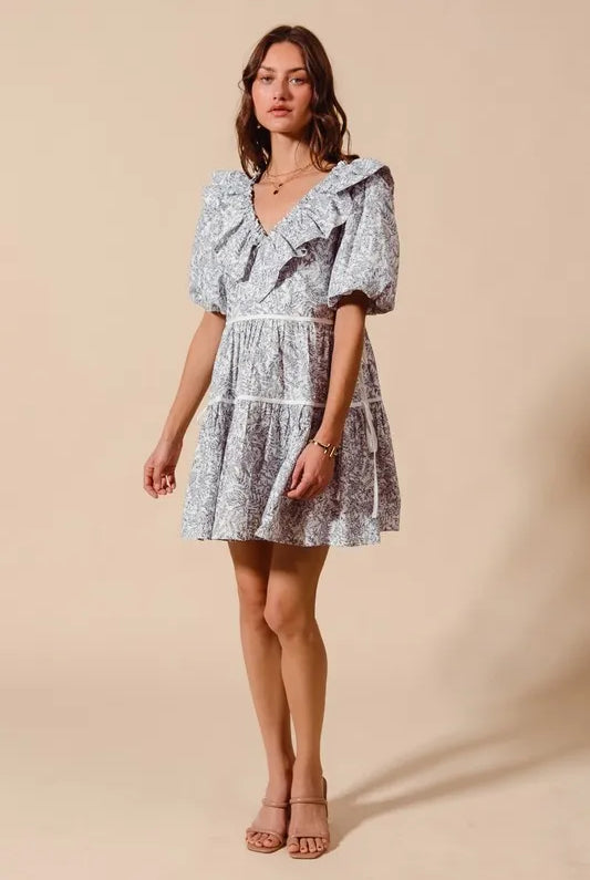 SO ME Cotton Printed Ruffle V Neckline Dress with Side Tie-Dresses-Krush Kandy, Women's Online Fashion Boutique Located in Phoenix, Arizona (Scottsdale Area)