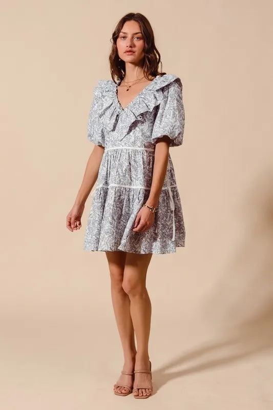 SO ME Cotton Printed Ruffle V Neckline Dress with Side Tie-Dresses-Krush Kandy, Women's Online Fashion Boutique Located in Phoenix, Arizona (Scottsdale Area)