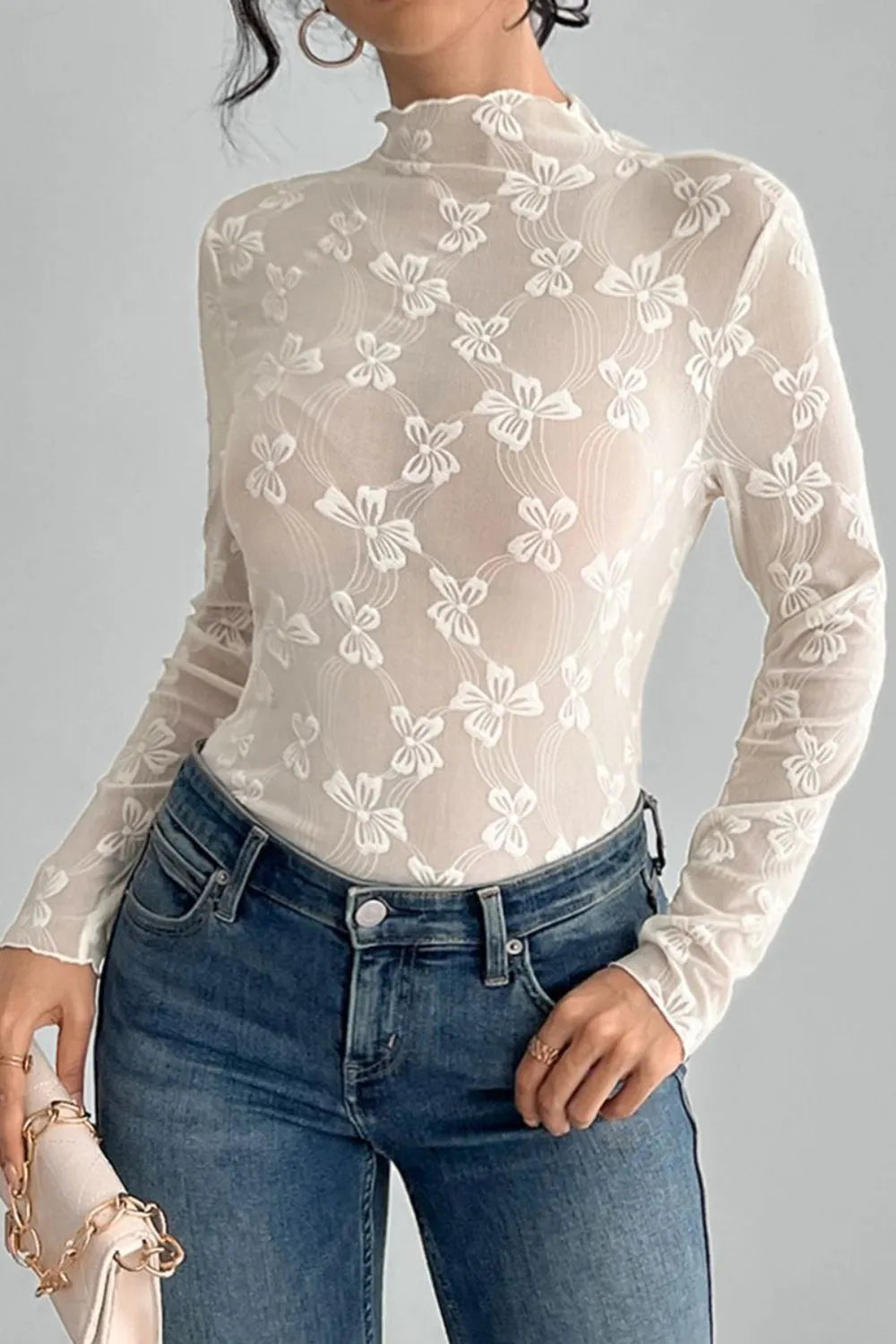 Bow Print Mock Neck Long Sleeve T-Shirt-Krush Kandy, Women's Online Fashion Boutique Located in Phoenix, Arizona (Scottsdale Area)