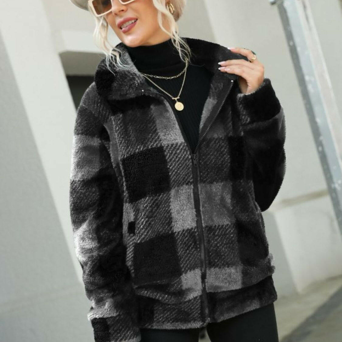 Plaid Zip-Up Collared Jacket-Krush Kandy, Women's Online Fashion Boutique Located in Phoenix, Arizona (Scottsdale Area)